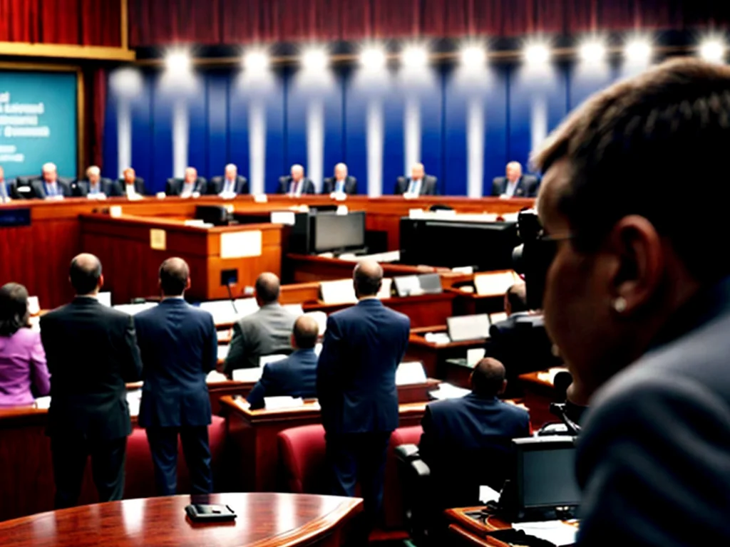 State legislative chamber during debate on ICE agent identification act with large screen.