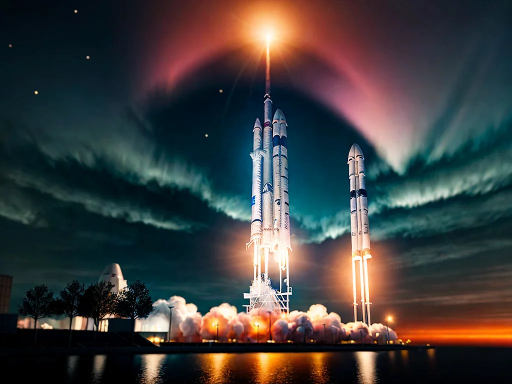 Futuristic city with SpaceX rocket and stock tickers showing market outlook