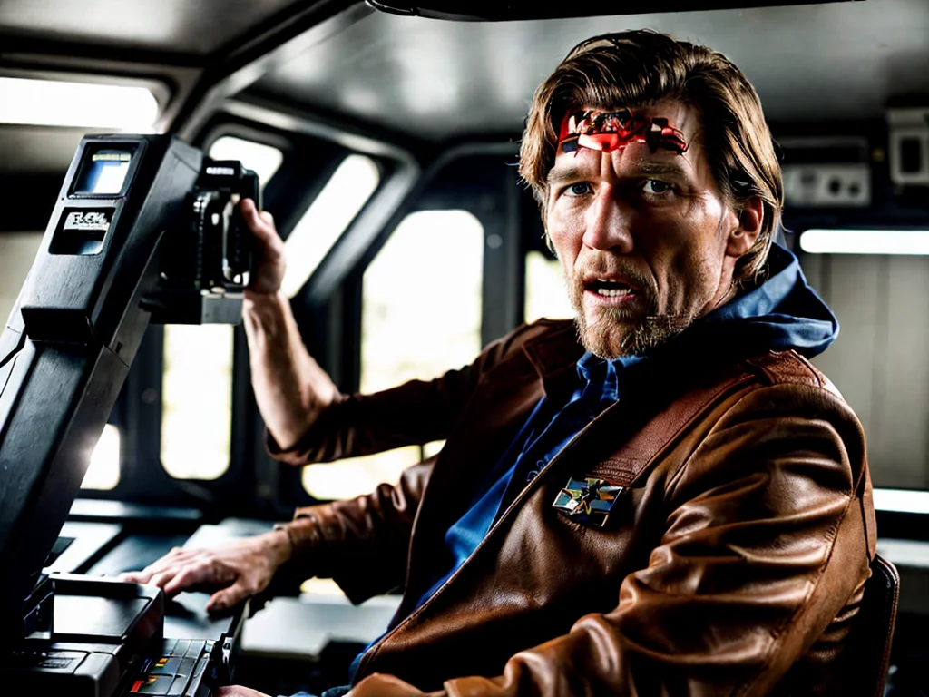 Captain Pike repairing a printer while a battle rages on screen