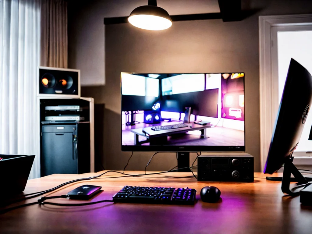 Isometric 3D render of 4K gaming desk with RTX 5080 PC and ultrawide monitor