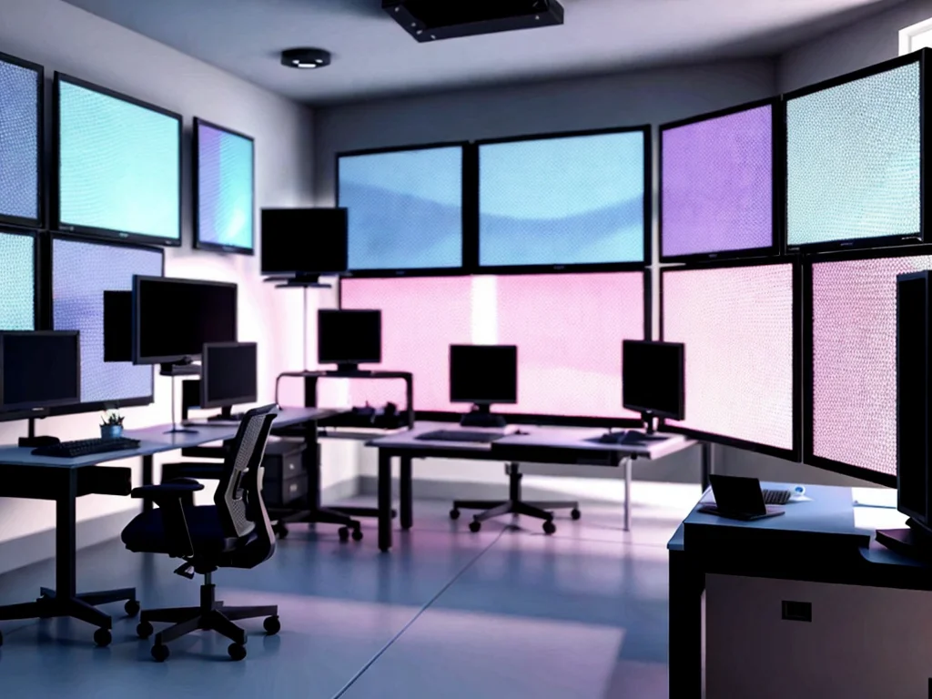 Game developers using AI tools in a futuristic studio environment