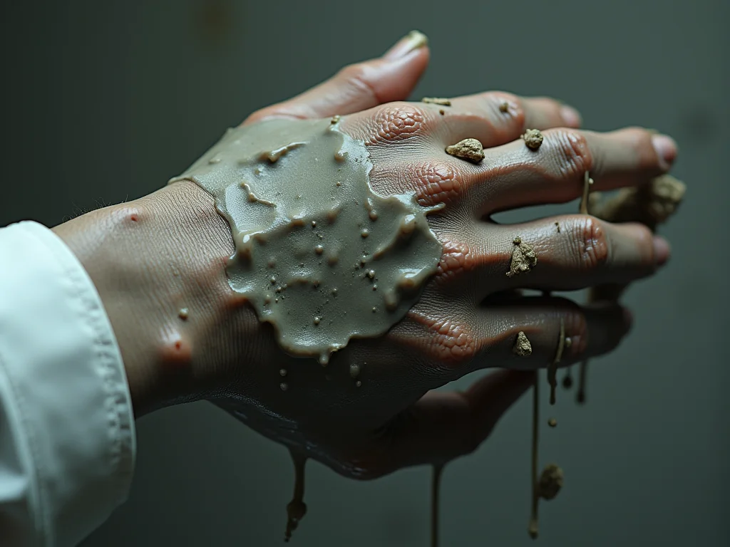 Macro shot of body horror with practical prosthetics and CGI of melting clay skin.