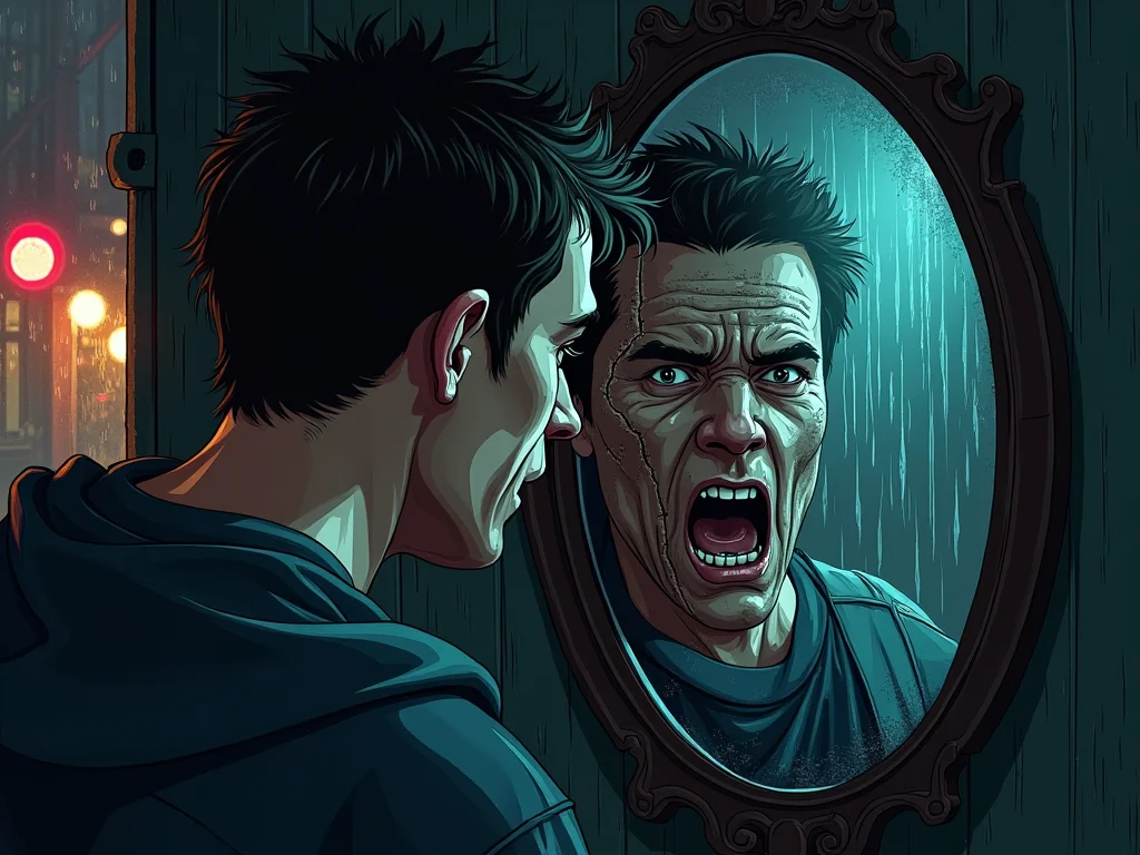 Illustration of Matt Hagen's reflection cracking to reveal the Clayface monster within.