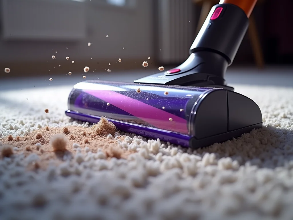 Dyson V10 Konical vacuum cleaning carpet with strong suction and visible debris